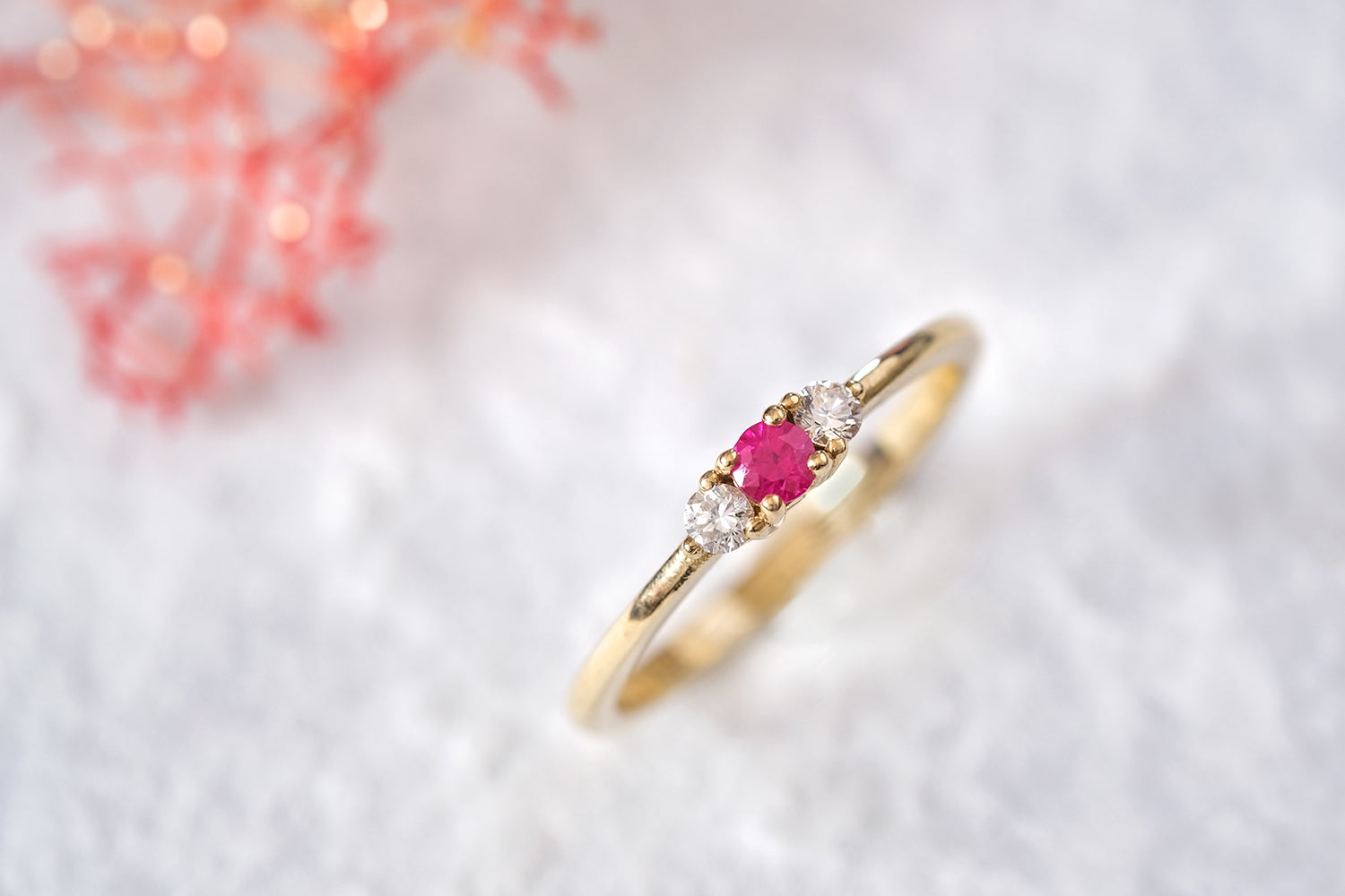 Engagement Gold Ring Set With A Ruby And Two Diamonds