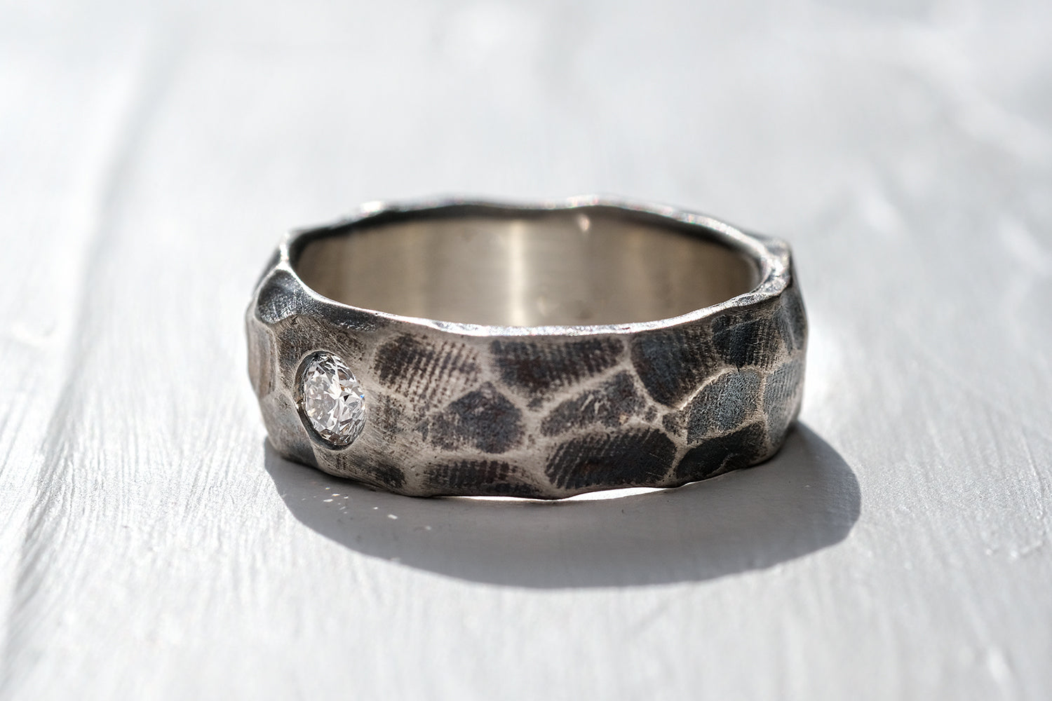 Silver Ring For Men - Roughly Hammered Finish Set With A Diamond