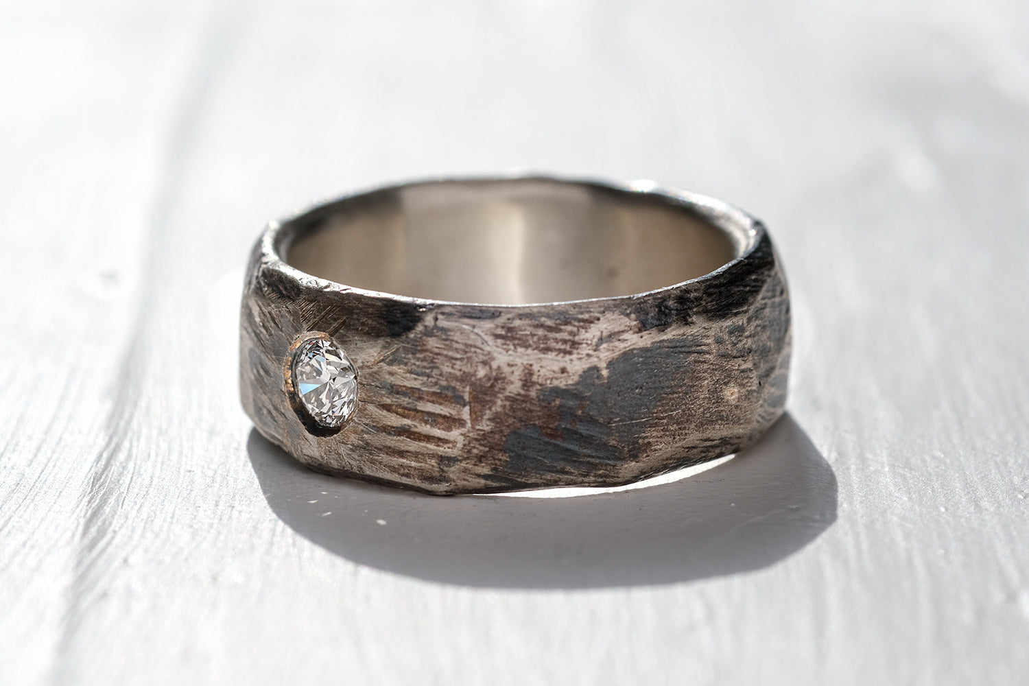 Silver Ring For Men - Hammered Finish Set With A Diamond