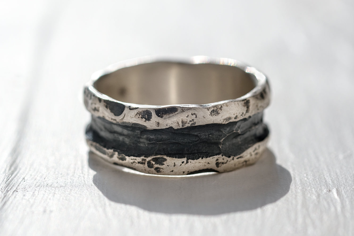 Silver Ring For Men - Hammered Finish With A Central Crevasse