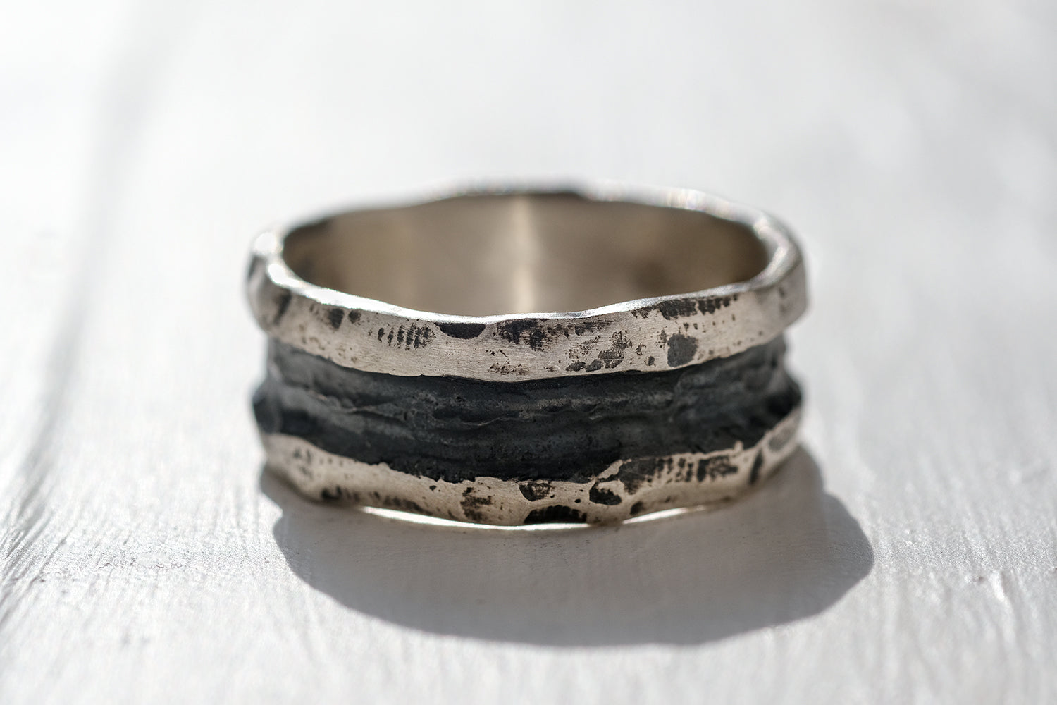 Silver Ring For Men - Hammered Finish With A Central Crevasse